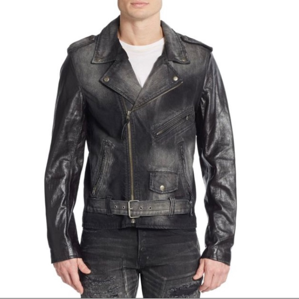 PRPS Distressed Denim Leather Motorcycle Biker Men’s Black Jacket